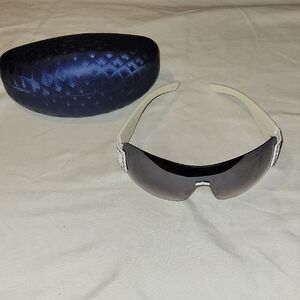 Stylish White and Black Sunglasses with Quilted Satin Blue Case